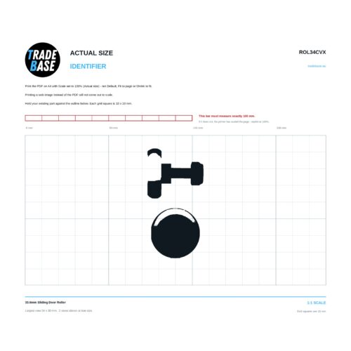 ROL34CVX 33.6mm Sliding Door Roller actual size identifier, 1:1 scale print sheet on a 10 mm grid