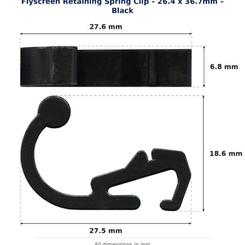 Dimension diagram for RSC3614 Flyscreen Retaining Spring Clip - TradeBase Australia. All dimensions in millimetres, drawn on the part.