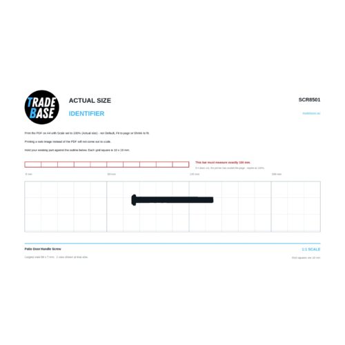 SCR8501 Patio Door Handle Screw actual size identifier, 1:1 scale print sheet on a 10 mm grid