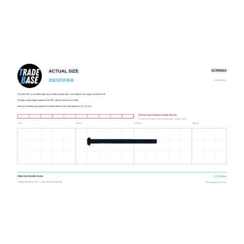 SCR8503 Patio Door Handle Screw actual size identifier, 1:1 scale print sheet on a 10 mm grid