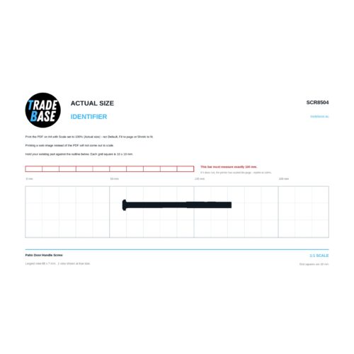 SCR8504 Patio Door Handle Screw actual size identifier, 1:1 scale print sheet on a 10 mm grid