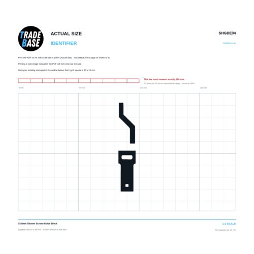 SHGDE34 33.8mm Shower Screen Guide Block actual size identifier, 1:1 scale print sheet on a 10 mm grid