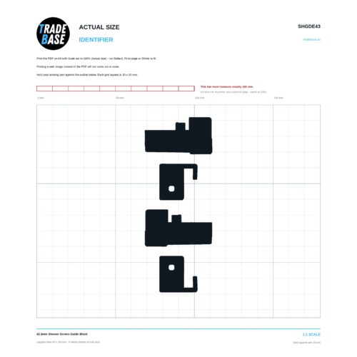 SHGDE43 42.8mm Shower Screen Guide Block actual size identifier, 1:1 scale print sheet on a 10 mm grid