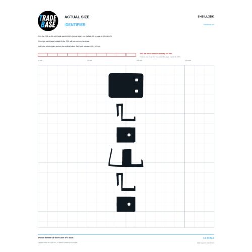 SHSILL3BK Shower Screen Sill Blocks Set of 3 Black actual size identifier, 1:1 scale print sheet on a 10 mm grid