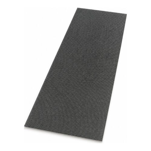 Flat sheet of black 316 marine grade stainless steel security mesh, 11 x 11 plain weave, 0.8mm wire, on a white background