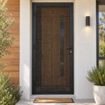 Black 316 stainless steel security mesh fitted to an aluminium framed security screen door on a home entrance