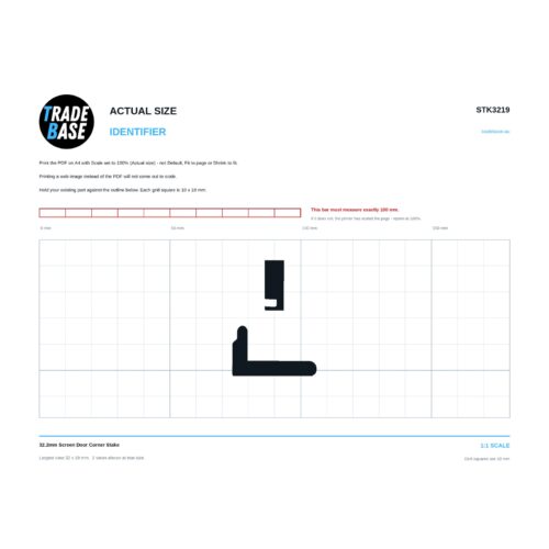 STK3219 32.2mm Screen Door Corner Stake actual size identifier, 1:1 scale print sheet on a 10 mm grid