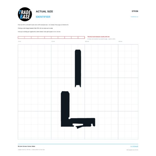 STK56 56.1mm Screen Corner Stake actual size identifier, 1:1 scale print sheet on a 10 mm grid