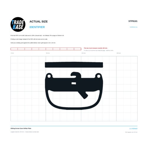 STP8101 Sliding Screen Door Striker Plate actual size identifier, 1:1 scale print sheet on a 10 mm grid