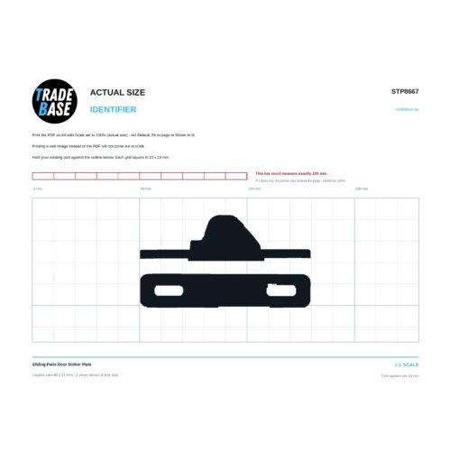 STP8667 Sliding Patio Door Striker Plate actual size identifier, 1:1 scale print sheet on a 10 mm grid