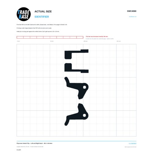 Actual size 1:1 printable identifier for SWC4580 Flyscreen Swivel Clip - TradeBase Australia. Print on A4 at 100% and lay your part on the outline. 10 mm grid, 100 mm calibration bar. Measures 36.2 x 14.9 mm and 36.6 x 14.9 mm and 36.7 x 34.2 mm and 36.3 x 34.1 mm.