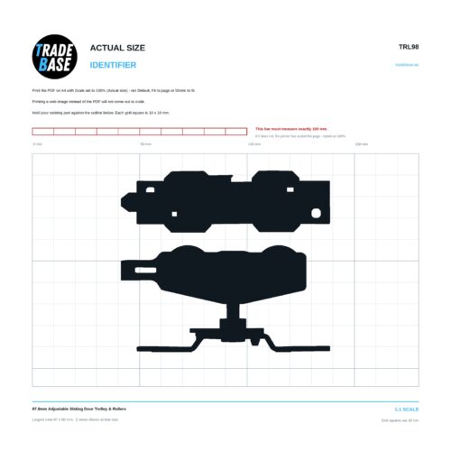 TRL98 97.8mm Adjustable Sliding Door Trolley & Rollers actual size identifier, 1:1 scale print sheet on a 10 mm grid