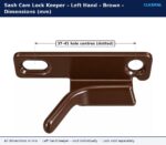 Brown left hand sash cam lock keeper dimension drawing showing 37 to 41 mm adjustable hole centres with one slotted hole