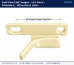 Primrose® left hand sash cam lock keeper dimension drawing showing 37 to 41 mm adjustable hole centres with one slotted hole