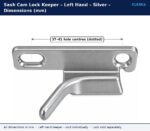 Silver left hand sash cam lock keeper dimension drawing showing 37 to 41 mm adjustable hole centres with one slotted hole