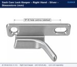 Silver right hand sash cam lock keeper dimension drawing showing 37 to 41 mm adjustable hole centres with one slotted hole
