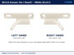 White Birch® sash cam lock keepers side by side, left hand and right hand, showing hook direction
