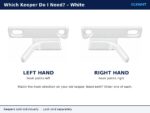White sash cam lock keepers side by side, left hand and right hand, showing hook direction