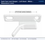 White left hand sash cam lock keeper dimension drawing showing 37 to 41 mm adjustable hole centres with one slotted hole