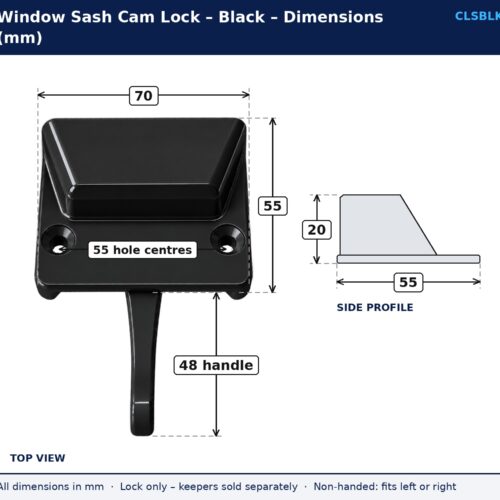 Black window sash cam lock dimension drawing showing 70 mm width, 55 mm depth, 20 mm height, 55 mm fixing hole centres and 48 mm handle length