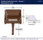 Brown window sash cam lock dimension drawing showing 70 mm width, 55 mm depth, 20 mm height, 55 mm fixing hole centres and 48 mm handle length