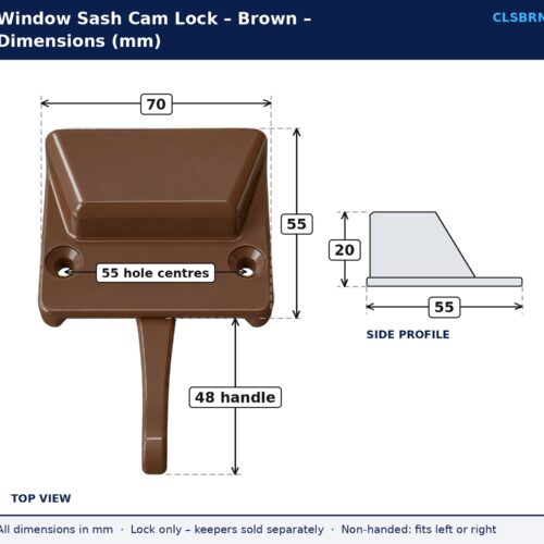 Brown window sash cam lock dimension drawing showing 70 mm width, 55 mm depth, 20 mm height, 55 mm fixing hole centres and 48 mm handle length