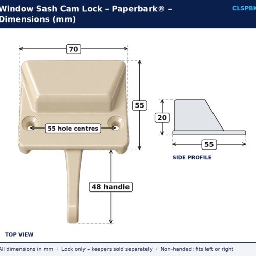 Paperbark® window sash cam lock dimension drawing showing 70 mm width, 55 mm depth, 20 mm height, 55 mm fixing hole centres and 48 mm handle length