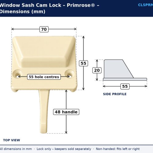 Primrose® window sash cam lock dimension drawing showing 70 mm width, 55 mm depth, 20 mm height, 55 mm fixing hole centres and 48 mm handle length