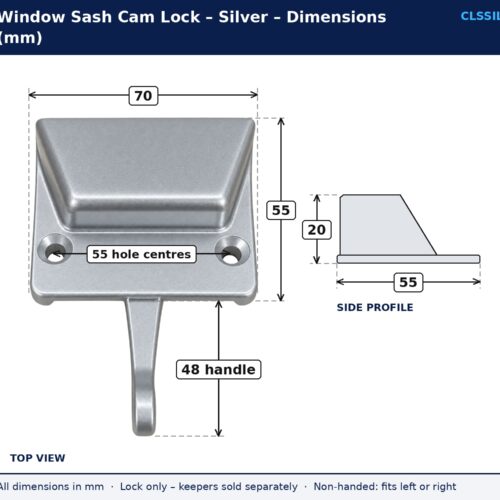 Silver window sash cam lock dimension drawing showing 70 mm width, 55 mm depth, 20 mm height, 55 mm fixing hole centres and 48 mm handle length
