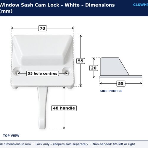 White window sash cam lock dimension drawing showing 70 mm width, 55 mm depth, 20 mm height, 55 mm fixing hole centres and 48 mm handle length