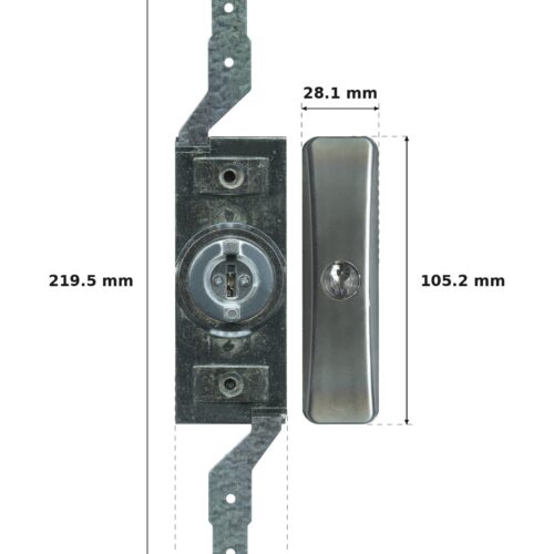 Universal roller door lock: lock body with brackets 219.5 mm long x 41.2 mm wide; outside cover with key cylinder 105.2 mm long x 28.1 mm wide.