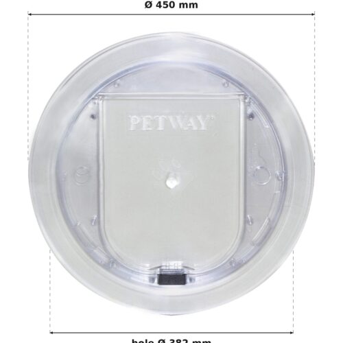 Medium pet door for glass: external diameter 450 mm; glass hole diameter 382 mm.