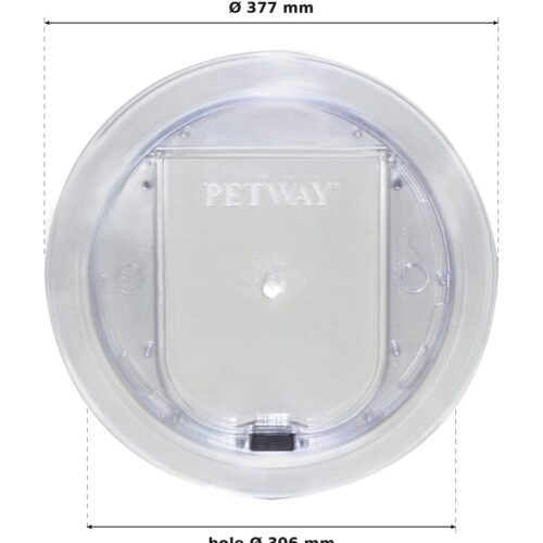 Small pet door for glass: external diameter 377 mm; glass hole diameter 306 mm.
