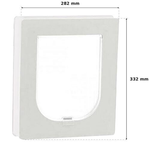 Small pet door for timber doors 34-43 mm thick: external frame 282 mm wide x 332 mm high.