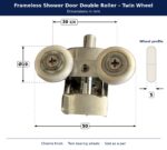 19mm shower door double roller dimensions showing 19 mm wheel diameter, 5 mm wheel width, 30 mm wheel centres and 50 mm overall width