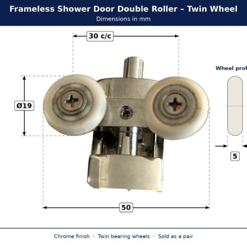 19mm shower door double roller dimensions showing 19 mm wheel diameter, 5 mm wheel width, 30 mm wheel centres and 50 mm overall width
