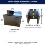 Square shower knob handle dimensions – 70 mm wide, 50 mm high, 24 mm each side, 25 mm hole centres, 2 x 12 mm glass holes