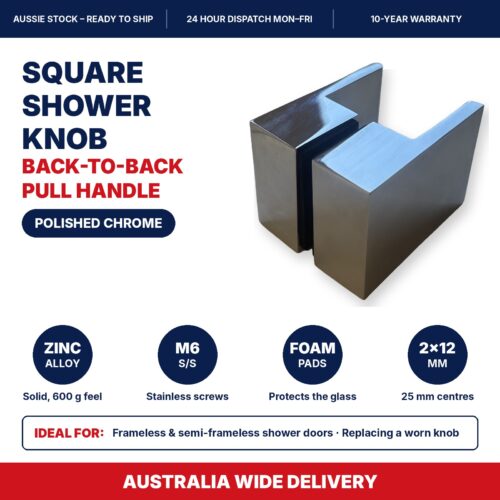 Square shower knob handle chrome – zinc alloy, stainless M6 screws, foam pads, 2 x 12 mm holes at 25 mm centres