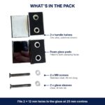 Square shower knob handle pack – 2 chrome handle halves, 2 stainless M6 x 46 mm screws, 2 clear glass sleeves
